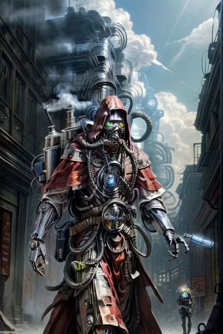 ((masterpiece,best quality)), absurdres, BREAK
mechanical arms, robes, hood, BREAK
((techpriest)), cyborg, mechanical face, mechanical limbs, gas mask, mechanical tentacles, (mechanical backpack), BREAK
1other, solo, holding pistol, firearm, handgun, pistol, gun, BREAK
factory background, smoggy sky, air pollution, smokestacks, BREAK
(kongshanjibot)