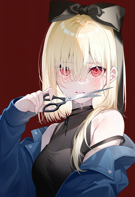 <lora:Rag:1>, best quality, masterpiece, miwano rag, 1girl, holding scissors, streaming tears, crying with eyes open, cutting hair, red background, hair bow, red eyes, blonde hair, upper body, blue jacket, simple background, looking at viewer, sleeveless shirt, bare shoulders, long hair, hair over eyes, open clothes, black bow, open jacket, hair between eyes, long sleeves, off shoulder, breasts, strap slip, black shirt, fingernails, hand up, parted lips, ribbon, hair over shoulder