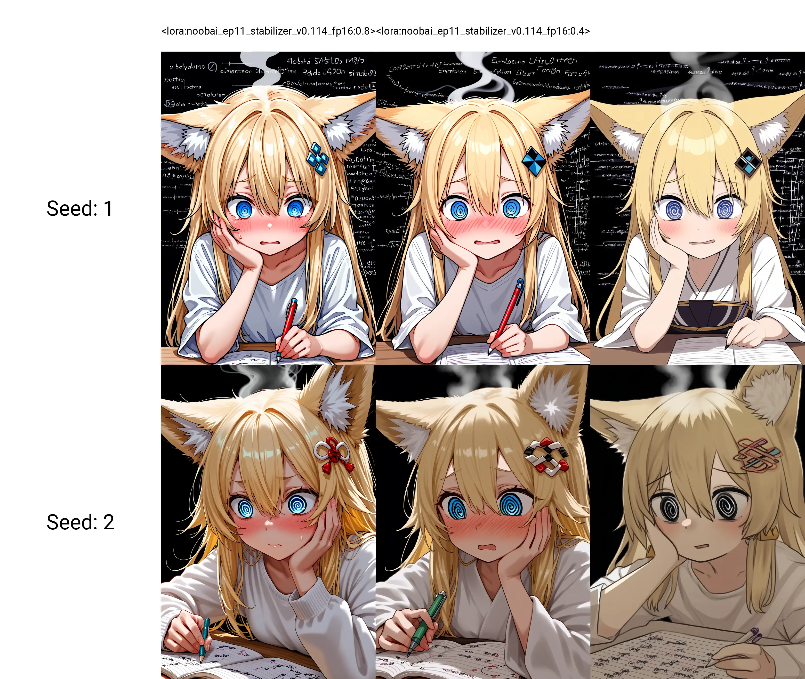<lora:noobai_ep11_stabilizer_v0.114_fp16:0.8>1girl,fox girl,fox ears,blonde hair,long hair,hair between eyes,hair ornament,head steam,@_@,doing homework,hand on own cheek,math equations on background,black background,masterpiece,