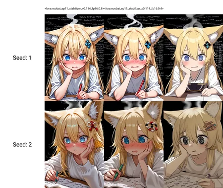 <lora:noobai_ep11_stabilizer_v0.114_fp16:0.8>1girl,fox girl,fox ears,blonde hair,long hair,hair between eyes,hair ornament,head steam,@_@,doing homework,hand on own cheek,math equations on background,black background,masterpiece,