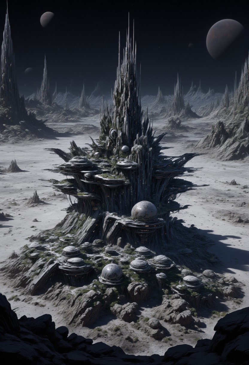 mythp0rt, masterpiece oil painting, landscape of a futuristic sci-fi moon base, gleaming metals and ceramics, domes, cratered environment, dusty, thin haze, a large planet dominating the skyline