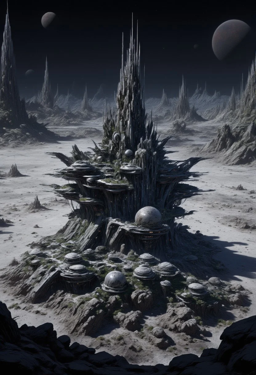 mythp0rt, masterpiece oil painting, landscape of a futuristic sci-fi moon base, gleaming metals and ceramics, domes, cratered environment, dusty, thin haze, a large planet dominating the skyline