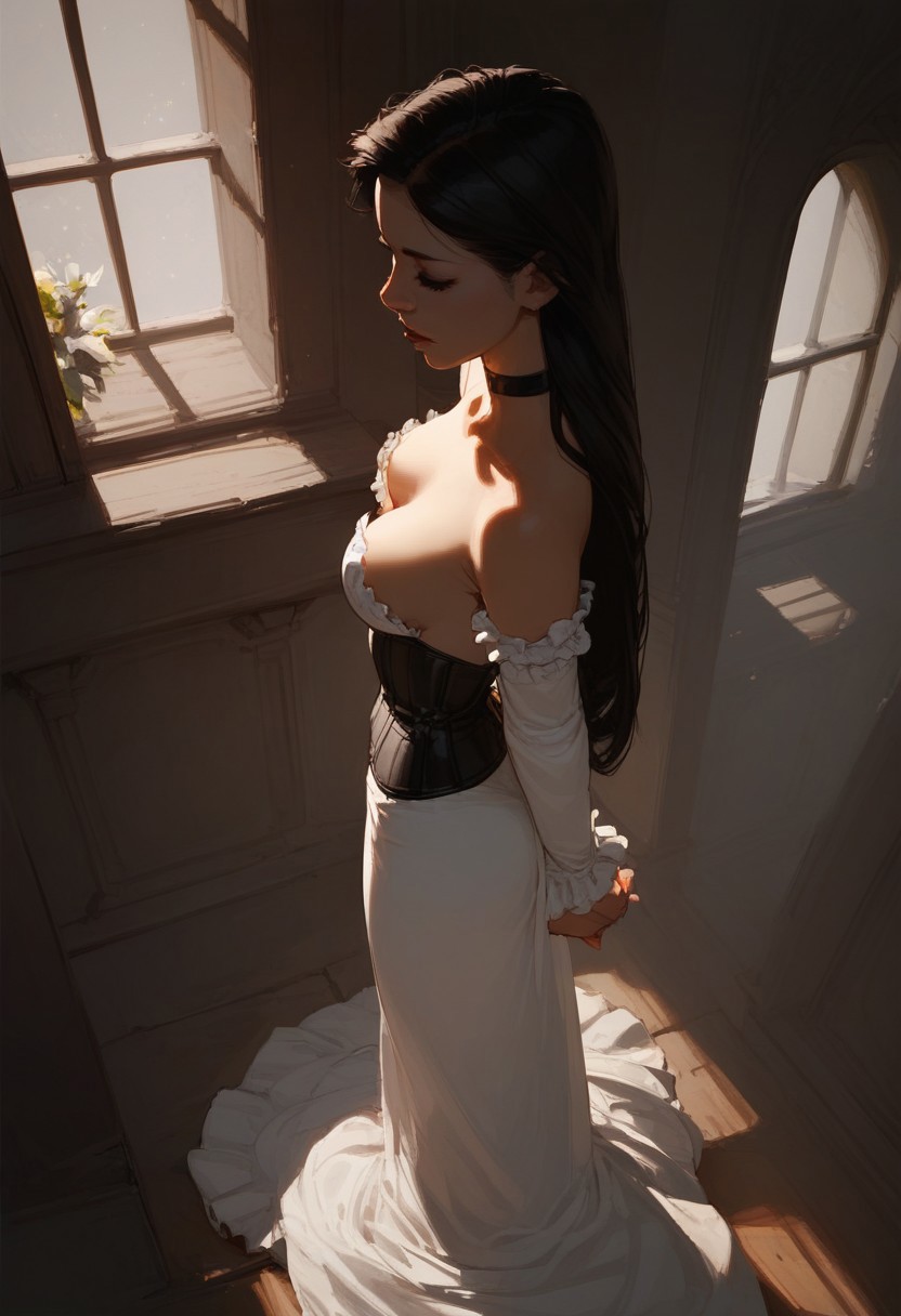 score_9, score_8_up, score_7_up, score_6_up, from above, 1girl, 20yo, beautiful asian vampire, very long black hair, pale white skin, corset, sexy long black long dress, black choker, medium natural breasts, looking away, inside a dark castle, dark theme, dim lighting, sexy, high contrast, industrial,