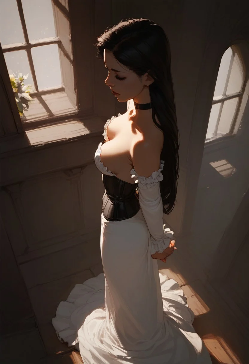 score_9, score_8_up, score_7_up, score_6_up, from above, 1girl, 20yo, beautiful asian vampire, very long black hair, pale white skin, corset, sexy long black long dress, black choker, medium natural breasts, looking away, inside a dark castle, dark theme, dim lighting, sexy, high contrast, industrial,