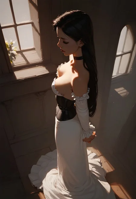 score_9, score_8_up, score_7_up, score_6_up, from above, 1girl, 20yo, beautiful asian vampire, very long black hair, pale white skin, corset, sexy long black long dress, black choker, medium natural breasts, looking away, inside a dark castle, dark theme, dim lighting, sexy, high contrast, industrial,