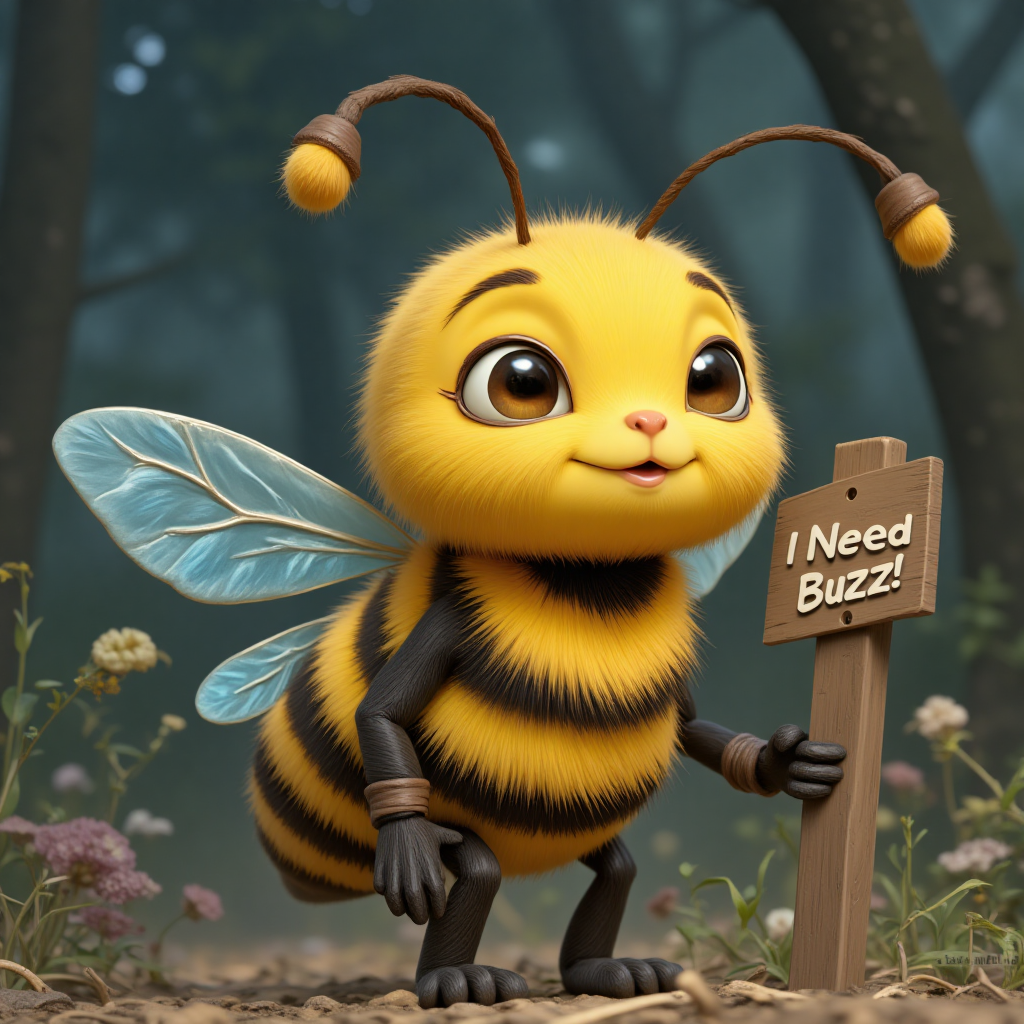 Carrybee with yellow yellow-gold and dull-blue color palette, 
"I Need Buzz!" Sign