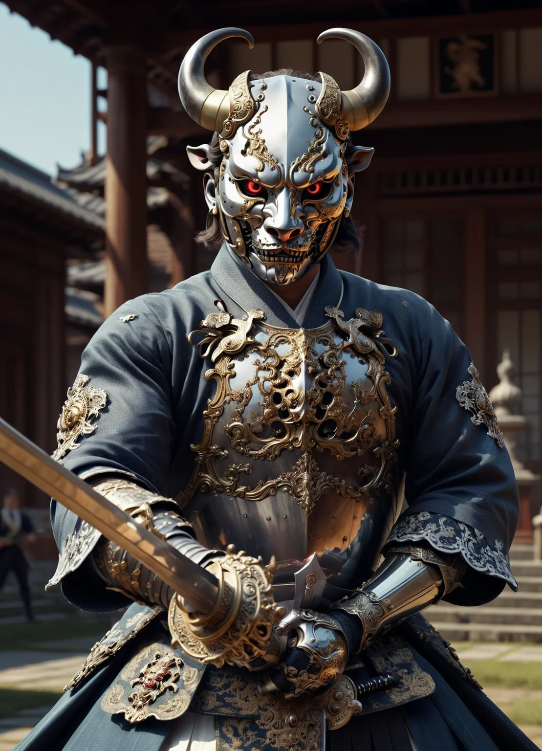action, attacks, bull mask holds a sword with both hands, ichimonji, GeorgianStyle, High detail, 8k <lora:Ichimonji:0.7> <lora:GeorgianStyleLocal:0.7> <lora:detailed_notrigger:0.8>