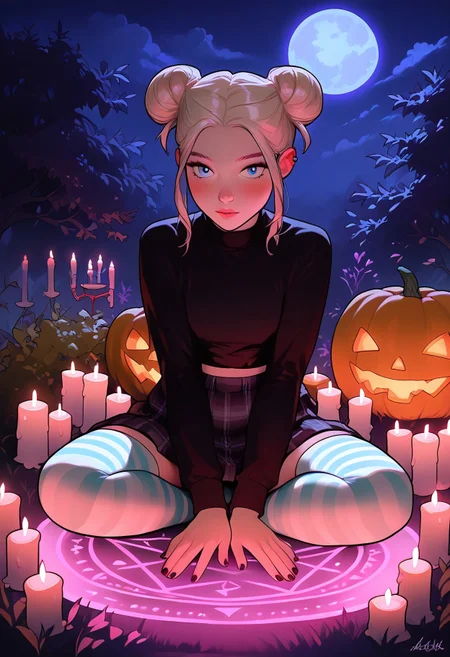 masterpiece, best quality, highly detailed, score_9, score_8_up, score_7_up, score_6_up; photoshoot lighting, 1female, age: 18, ((cute, fun, detailed, white blonde hair, twin buns, blue eyes, petite body, blush)), ((goth fashion, plaid skirt, black top with long sleeves, striped stockings)), outside, in a pumpkin patch, at night, full moon, sitting in a ritual circle, many lit candles, glowing light, casting a spell, spiral magical spell effect, oddity, 0ddmag1c, joy expression, pink magic circle, floating pattern