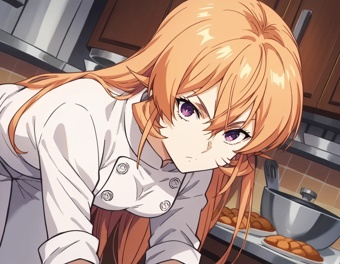 score_9, score_8_up, score_7_up, source_anime,
erinanakiri, <lora:erina-nakiri-s1-ponyxl-lora-nochekaiser:1>,
erina nakiri, long hair, orange hair, purple eyes, hair between eyes,
pants, white pants, chef, long sleeves, sleeves rolled up,
indoors, kitchen, bent over,
looking at viewer, cowboy shot, dutch angle, solo,