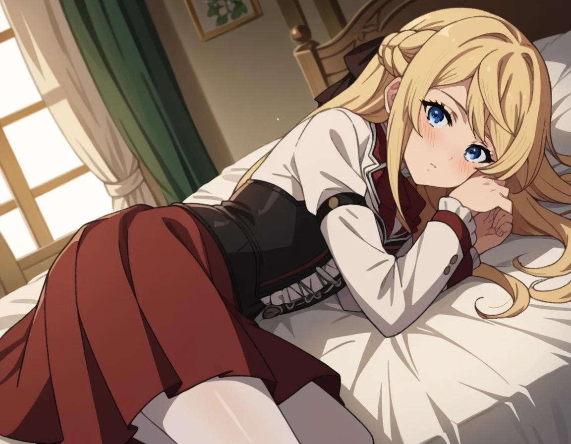 score_9, score_8_up, score_7_up, source_anime,
arielanemoiasura, <lora:ariel-anemoi-asura-s2-ponyxl-lora-nochekaiser:1>,
ariel anemoi asura, long hair, blue eyes, blonde hair, braid, french braid,
skirt, long sleeves, pantyhose, frills, shoes, red skirt, loafers, white pantyhose, blazer, white blazer, corset, black corset,
indoors, bed, bed room, on side, blush, drunk,
looking at viewer, dutch angle, cowboy shot,