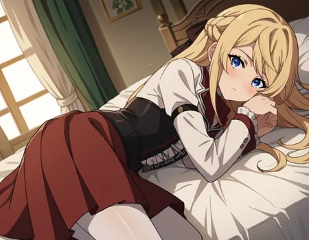 score_9, score_8_up, score_7_up, source_anime,
arielanemoiasura, <lora:ariel-anemoi-asura-s2-ponyxl-lora-nochekaiser:1>,
ariel anemoi asura, long hair, blue eyes, blonde hair, braid, french braid,
skirt, long sleeves, pantyhose, frills, shoes, red skirt, loafers, white pantyhose, blazer, white blazer, corset, black corset,
indoors, bed, bed room, on side, blush, drunk,
looking at viewer, dutch angle, cowboy shot,
