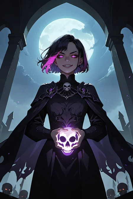score_9, score_8_up, score_7_up,(Anime Style),(source_anime),
official art, ultra detailed, masterpiece, best quality, 1girl, (solo), beautiful, nice hands, perfect hands, (beautiful detailed eyes), half-closed eyes, glowing eyes, (evil smile), (short hair), (black hair, (dark purple colored inner hair)), (pale skin), sinister look, (alluring monarch of death), villain, eye shadow, (dying sunlight), (delicate armor), evil cape, (bringer of the false light), (the dark hour approaches), detailed background, graveyard, bats, spirits, ghosts, (style-swirlmagic:0.8), (casting a spell), channeling, hex, dark magic, green flames, floating particles, updraft, ethereal atmosphere, dark clouds, best light and shadow, wide shot, cowboy shot, looking down, dynamic angle, dutch angle, from below, dynamic pose, absurdres, highres, (pure magical skull), holding skull, skull in the hand, multicolored hairs (Style-Necromancy:0.8),
<lora:add_details_xl:0.7> <lora:Expressive_H:0.5> <lora:v3:0.6>