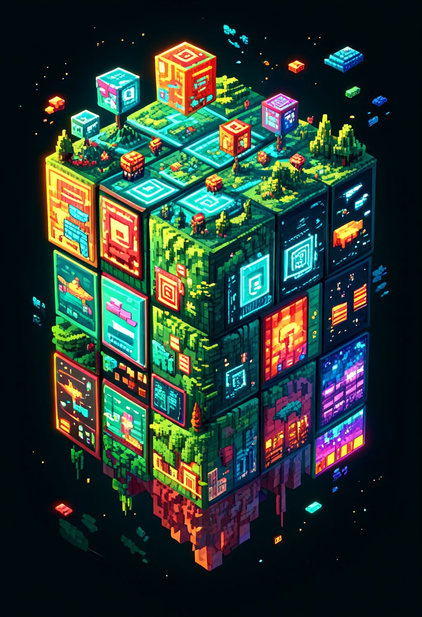 PonyXLV6_Scores , M1CR0CUB3D Hypixel Skyblock reimagined as a cube, floating islands, farms, player characters, colorful blocks, dynamic.