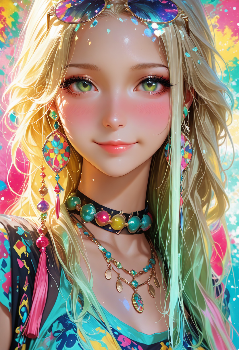 (hypersexualized, erotic, suggestive, intimate, provocative), 1girl, (detailed eyes), (pretty face), (detailed face), photo-realistic, realistic skin, realistic textures, detailed skin, photorealistic, ultrarealistic, 8k, A photo-realistic shoot from a portrait camera angle about a  woman with long, wavy blonde hair and striking green eyes, wearing colorful jewelry and accessories. the image also shows a vibrant and colorful background with a mix of blues, greens, and yellows. on the middle of the image, a 20 years old woman, who appears to be looking directly at the viewer with a neutral expression, is wearing a colorful top with abstract patterns and a necklace with turquoise and pink beads. her hair is styled in loose waves and falls down her back, framing her face. her eyes are large and expressive, with a hint of a smile on her lips. she is wearing colorful earrings and a colorful necklace with tassels. her skin is fair, and she has a subtle blush on her cheeks. the lighting is bright and colorful, with shades of blue, pink, yellow, and green, creating a dreamy atmosphere. the background is abstract with a blend of bright colors, and the image has a watermark "karlie louise 13" in the top right corner. 1girl, solo, jewelry, necklace, looking at viewer, earrings, long hair, rating:general, blonde hair, green eyes, artist name, portrait, lips, closed mouth, eyelashes, choker, upper body, score_9, score_8_up, score_7_up