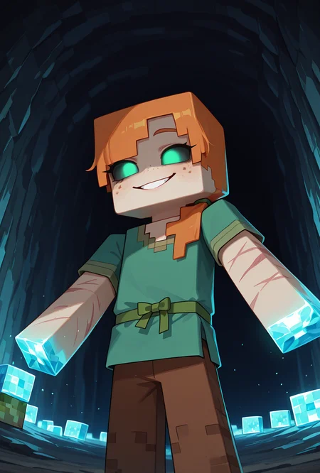 <lora:alexmc-10:1> alexmc, orange hair, 1girl, solo, green eyes, long green shirt, brown pants, short sleeves, freckles, square arms, square body, green waist ribbon,  minecraft world, inside a cave, glowing eyes, no pupils, light blue crystals coming out of walls, cubes, evil grin, dark scene, no light, scars, injury, pure white sclera, no eyes, no pupils, embedded light blue crystals, masterpiece, best quality, amazing quality, very aesthetic, absurdres, newest,