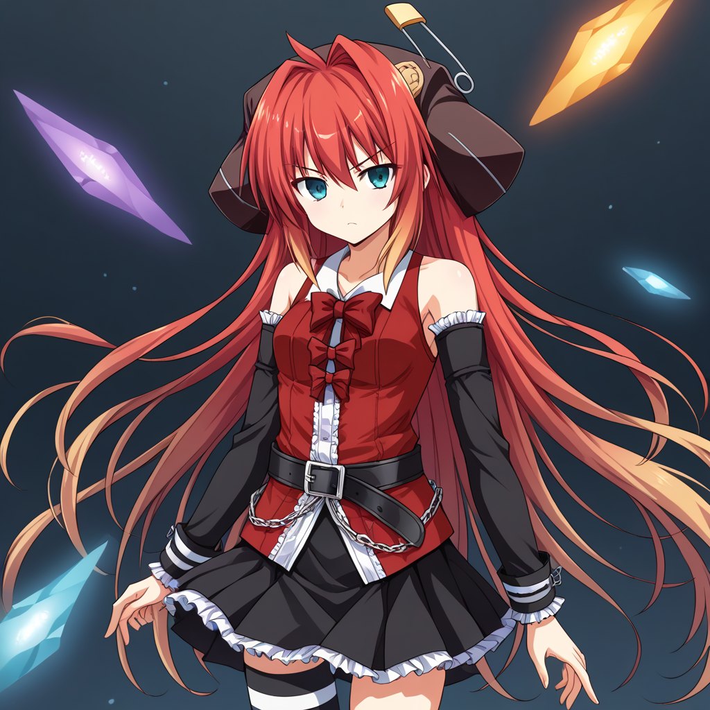1girl, solo, momijiEXAEXSFA, red hair, gradient hair, very long hair, multicolored hair, single hair intake, ahoge, aqua eyes, hat, red shirt, collared shirt, detached sleeves, bare shoulders, neck bow, red bow, black skirt, frills, belt, chain, asymmetrical legwear, single thighhigh, striped, cowboy shot, serious, dynamic pose, crystal, floating crystals
