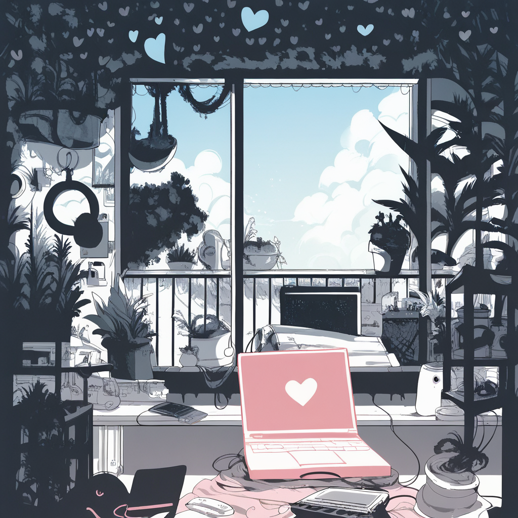 score_9, score_8_up, score_7_up, score_6_up, score_5_up,  <lora:l4ur4dXLP:1> l4ur4d, pink, heart, laptop, potted plant, cloud,