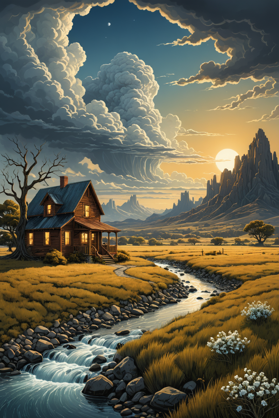 by (Mitch Dobrowner and (Terry Redlin in the style of ((Kelly Mckernan))) and Phil Noto), digital painting, landscape <lora:more_art:0.60>