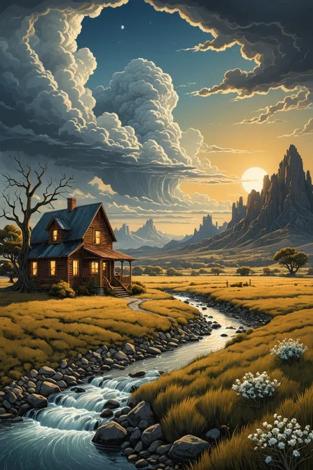 by (Mitch Dobrowner and (Terry Redlin in the style of ((Kelly Mckernan))) and Phil Noto), digital painting, landscape <lora:more_art:0.60>