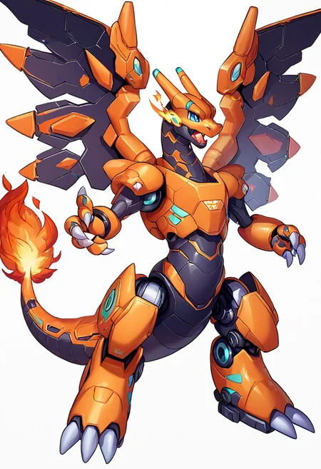 score_9, score_8_up, score_8, 
 Charizard, no humans, breathing fire, claws, creatures (company), mech, fire, flame-tipped tail, fusion, game freak, gen 1 pokemon, highres, joints, mecha, mechanical tail, mechanical wings, mechanization, mega charizard x, mega charizard y, mega pokemon, nintendo, no humans, non-humanoid robot, open mouth, pokemon, pokemon (creature), robot, robot joints, science fiction, solo, standing, tail, thrusters,  white background, wings