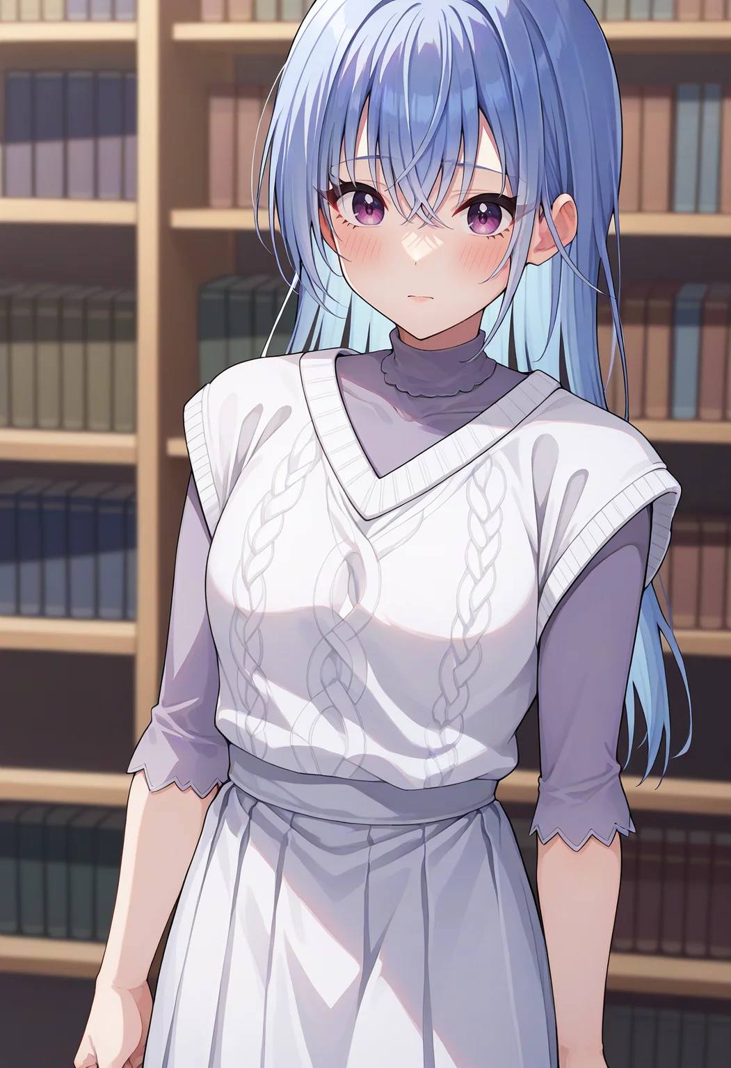 score_9, score_8_up, score_7_up, source_anime, 1girl, suzuki hana, blue hair, long hair, purple eyes, purple shirt, sweater vest, white skirt, blush, cowboy shot, library <lora:brj-hana-pony-v0.5:1>