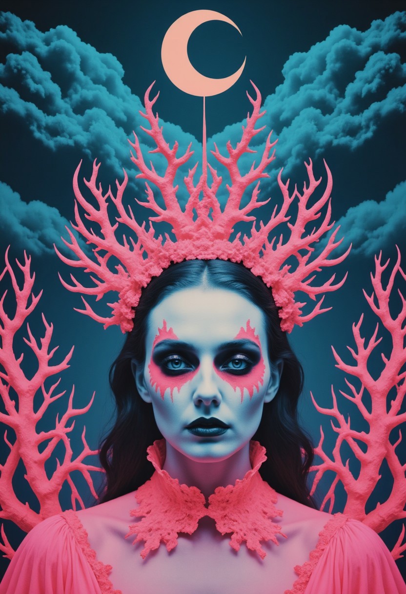 Generate a surreal, psychedelic portrait featuring a woman with striking, eerie makeup and dark, dramatic eyeshadow that extends to her cheekbones. Her expression is haunting and emotionless, with pale pink skin contrasting sharply against the background. Above her head, a large crescent moon with intricate, fiery tendrils radiates outward, resembling a sun-like aura. The moon glows in a vivid blue against a dark, starless sky filled with deep clouds. Surrounding her are twisted, coral-like branches in neon pink, adding to the otherworldly atmosphere. The composition is symmetrical and highly detailed, with vibrant colors, contrasting neon pinks, and electric blues to create a mesmerizing, dreamlike aesthetic.