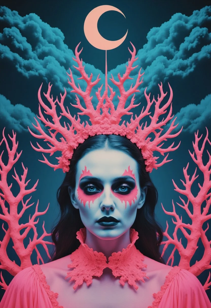 Generate a surreal, psychedelic portrait featuring a woman with striking, eerie makeup and dark, dramatic eyeshadow that extends to her cheekbones. Her expression is haunting and emotionless, with pale pink skin contrasting sharply against the background. Above her head, a large crescent moon with intricate, fiery tendrils radiates outward, resembling a sun-like aura. The moon glows in a vivid blue against a dark, starless sky filled with deep clouds. Surrounding her are twisted, coral-like branches in neon pink, adding to the otherworldly atmosphere. The composition is symmetrical and highly detailed, with vibrant colors, contrasting neon pinks, and electric blues to create a mesmerizing, dreamlike aesthetic.