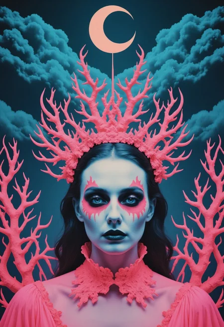 Generate a surreal, psychedelic portrait featuring a woman with striking, eerie makeup and dark, dramatic eyeshadow that extends to her cheekbones. Her expression is haunting and emotionless, with pale pink skin contrasting sharply against the background. Above her head, a large crescent moon with intricate, fiery tendrils radiates outward, resembling a sun-like aura. The moon glows in a vivid blue against a dark, starless sky filled with deep clouds. Surrounding her are twisted, coral-like branches in neon pink, adding to the otherworldly atmosphere. The composition is symmetrical and highly detailed, with vibrant colors, contrasting neon pinks, and electric blues to create a mesmerizing, dreamlike aesthetic.