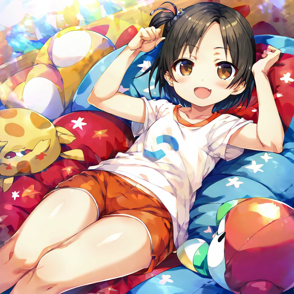 score_8_up,<lora:CURA_pony_V1:1>,minokasa nagi,1girl,solo,fang,shirt,smile,looking at viewer,blush,brown eyes,:d,hair ornament,black hair,hairclip,short sleeves,open mouth,sitting,short hair,bangs,shorts,short shorts,one side up,parted bangs,star (symbol)