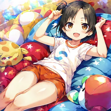 score_8_up,<lora:CURA_pony_V1:1>,minokasa nagi,1girl,solo,fang,shirt,smile,looking at viewer,blush,brown eyes,:d,hair ornament,black hair,hairclip,short sleeves,open mouth,sitting,short hair,bangs,shorts,short shorts,one side up,parted bangs,star (symbol)