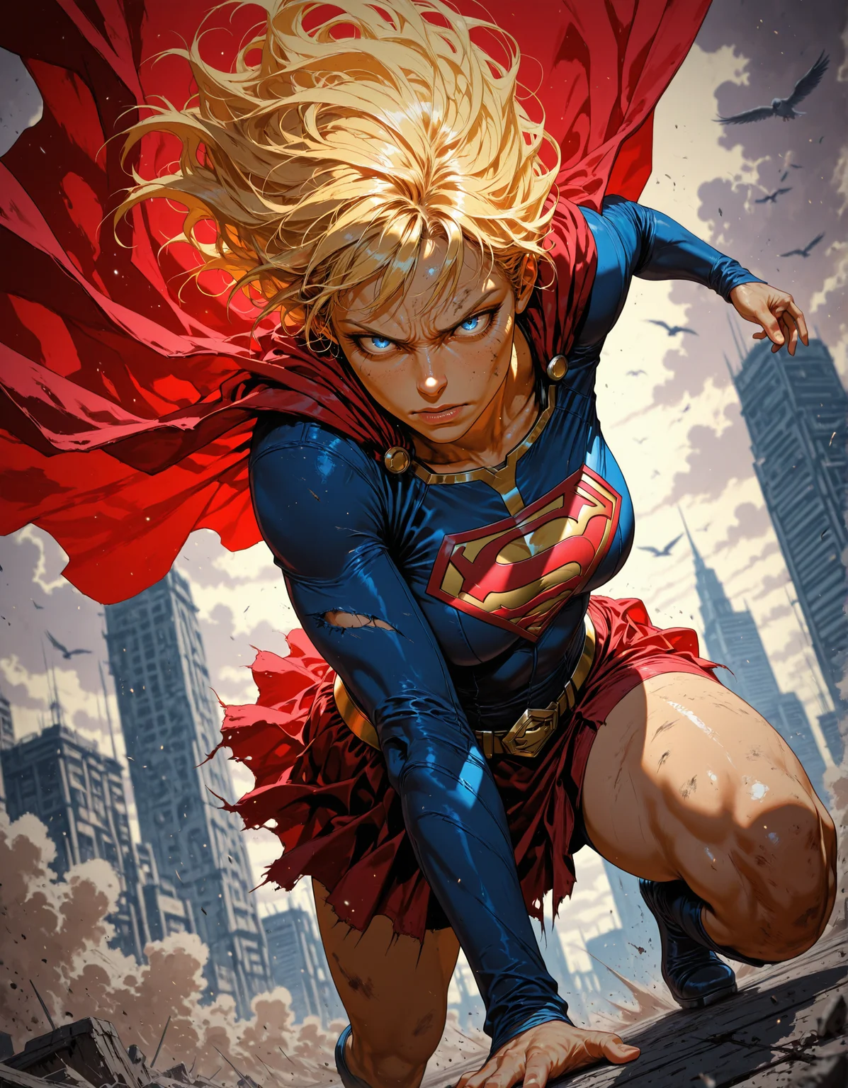 masterpiece, best quality,high quality, newest, highres,8K,HDR,absurdres, 1girl, supergirl, red skirt, red cape, blonde, superhero, flying, clouds, birds, limited palette, intense expression, dynamic pose, dramatic lighting, strong depth of field, wind-blown hair, torn fabric, gritty realism, cinematic shot, dutch angle, foreshortening, blurred background, dust particles., detailed background, dynamic pose, dynamic composition,dutch angle, detailed backgroud,foreshortening,blurry edges <lora:iLLMythM4gicalL1nes:1> M4gicalL1nes