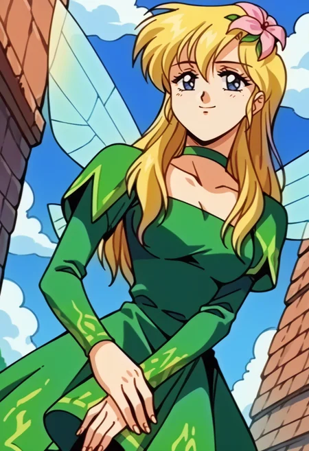 score_9, score_8_up, score_7_up, source_anime, BREAK solo, 1girl,  <lora:Titania-pdxl_Fp:1>, titaniasmt, blue eyes, blonde hair, hair flower, fairy wings, green dress, choker, smile, <lora:FeOva-pdxl_Fp:1>, retro artstyle, 1990s \(style\),