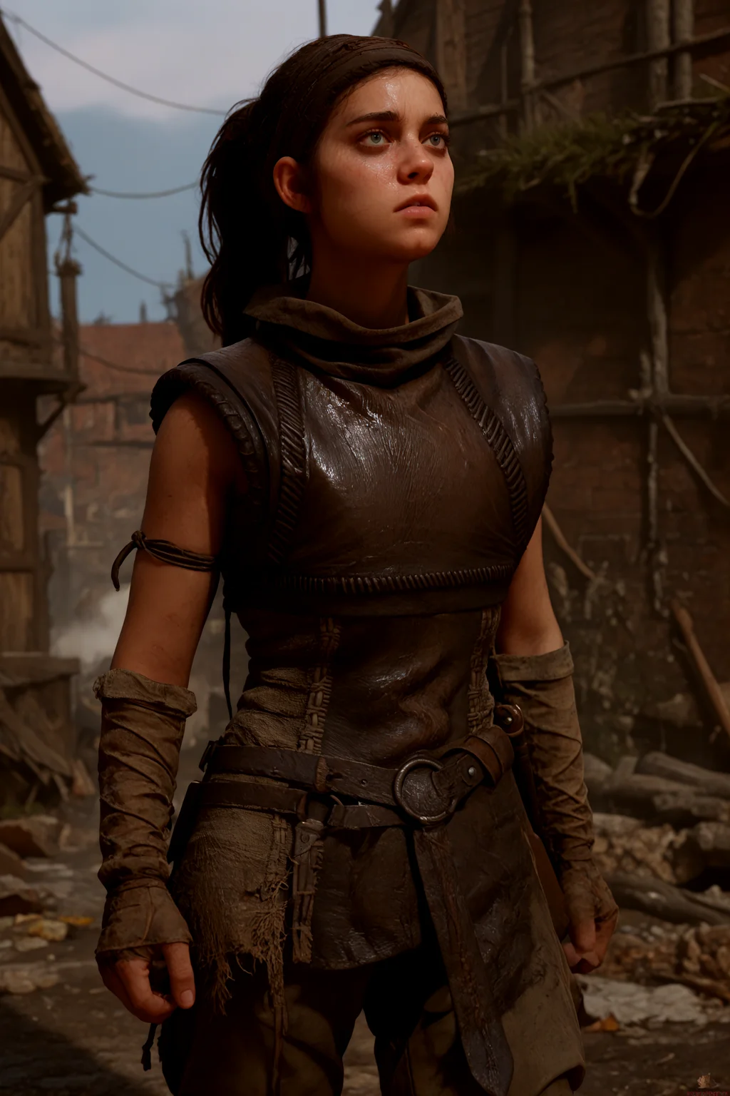 1 girl, <lora:Senua2_lora:0.8> senua, brown hair,long hair,ponytail,armor,pants,dirty face,, <lora:detailed_notrigger:1> zPDXL2, PonyXLV6_Scores
