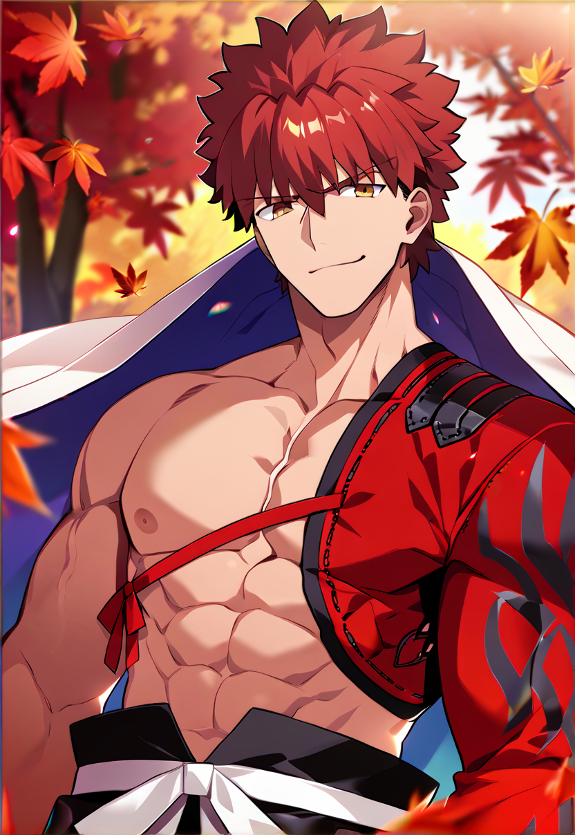 1boy, male focus, muscular male, best quality, amazing quality, best aesthetic, absurdres, official style, year 2023, game cg,  <lora:SenjiMuramasaFATEPONY:1> senji_muramasa_(fate), red hair, yellow eyes, igote, nipples, smirk, autumn, autumn leaves, upper body,