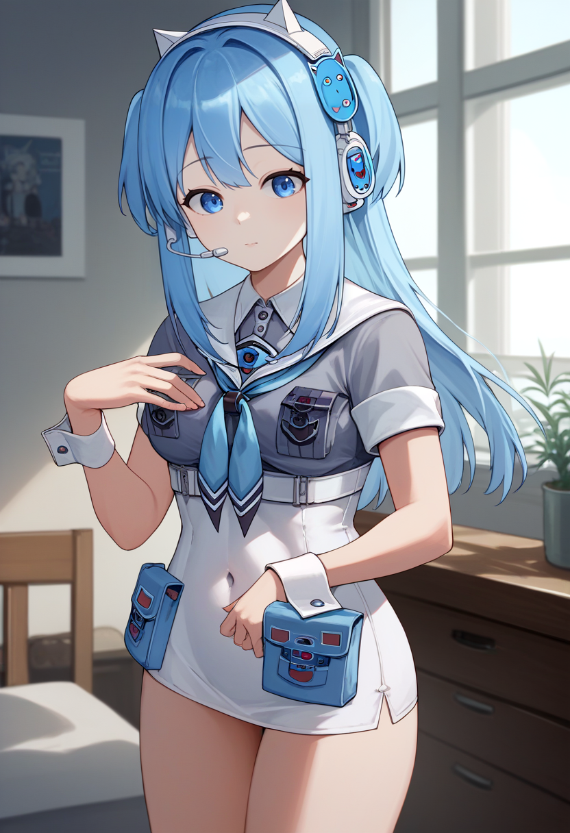 score_9, score_8_up, score_7_up, source_anime BREAK 1girl, solo, <lora:shifty-nikke-richy-v1_pdxl:1> shifty, blue eyes, blue hair, two side up, long hair, hair ornament, animal ear headphones, headset, sailor collar, button badge, serafuku, blue neckerchief, grey shirt, short sleeves, wrist cuffs, breast pockets, pouch, white dress, covered navel, bare legs, standing, indoors