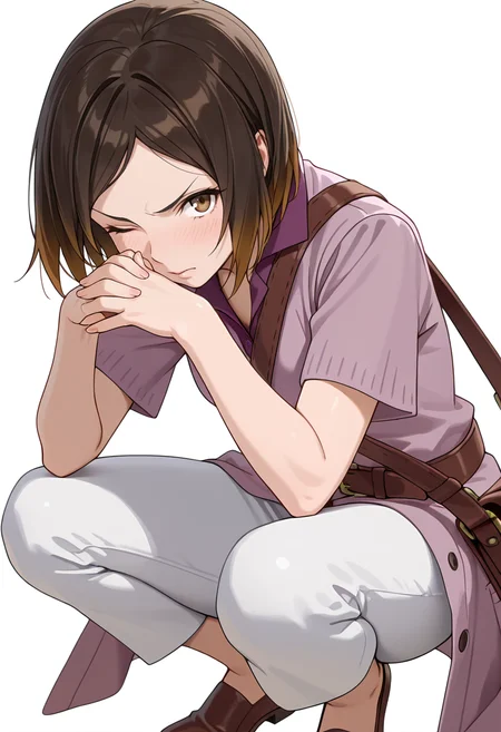 Smooth Quality,masterpiece,very intricate, high quality details, ultra realistic, high detailed skin,detailed enviorement,absurdres,
simple background, white background,
crouching pose, hands clasped, one foot forward, intense gaze, ready-to-move posture, ,open hand,embarrassed,one eye closed, <lora:Kirara_Mizutani_cnn:0.8> 1girl, short hair, brown hair, multicolored hair, two-tone hair, brown eyes, at viewer, upper body,shirt, short sleeves, collared shirt, coat, pants, purple shirt,brown belt, shoulder bag,