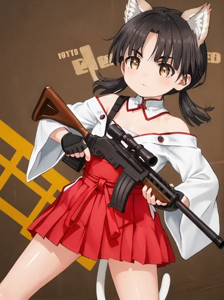 detailed background, shiny skin, posing, rating safe, 
<lora:fumiyo.pony:1.0>,
fumiyo,
<lora:nanako.pony:1.0>,
nanako,
armed,  rifle,