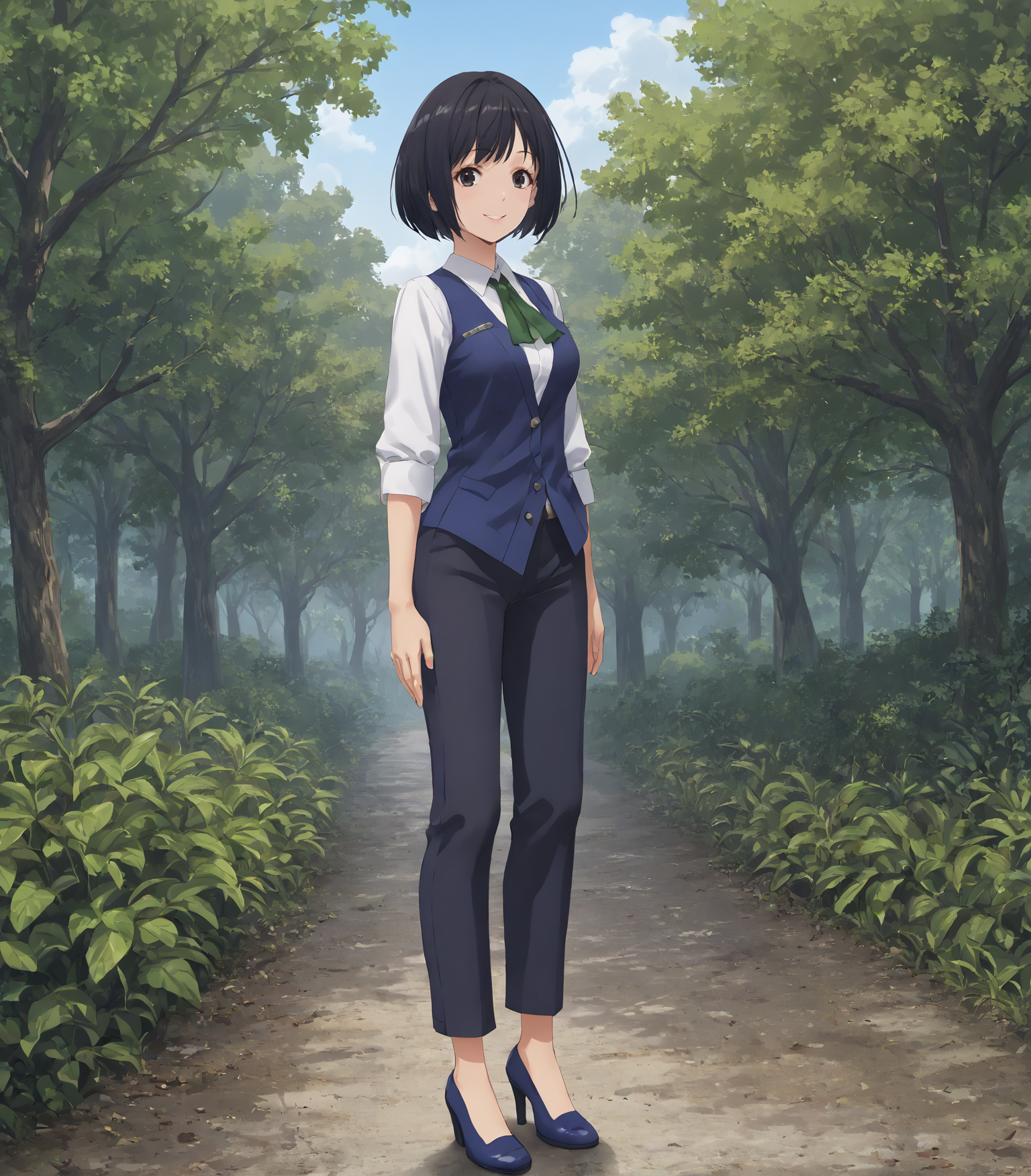 score_9, score_8_up, score_7_up, score_6_up, score_5_up, score_4_up, BREAK source_anime,
1girl, solo,  cowboy shot ,  looking at viewer, smile, outdoors, sky, trees,
<lora:pottsness_style_xl:0.7>, <lora:rhasta:0.6>, <lora:piromizu_2:0.6>, <lora:MeMaXL_V3:0.6>, 
 <lora:Shino:0.9>, Shino, short hair, black hair, bob cut, black eyes, medium breasts, white shirt, blue vest, green neckwear, black pants, blue shoes, high heels