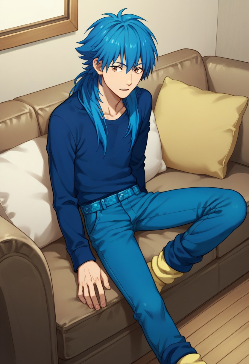 score_9, score_8_up, score_7_up, source_anime, highly detailed, 
aoba, 1boy, male focus, solo, brown eyes, blue hair, long hair, shirt, blue shirt, long sleeves, pants, blue leg warmers, socks, yellow socks, slender, skinny
indoor, couch, sit,