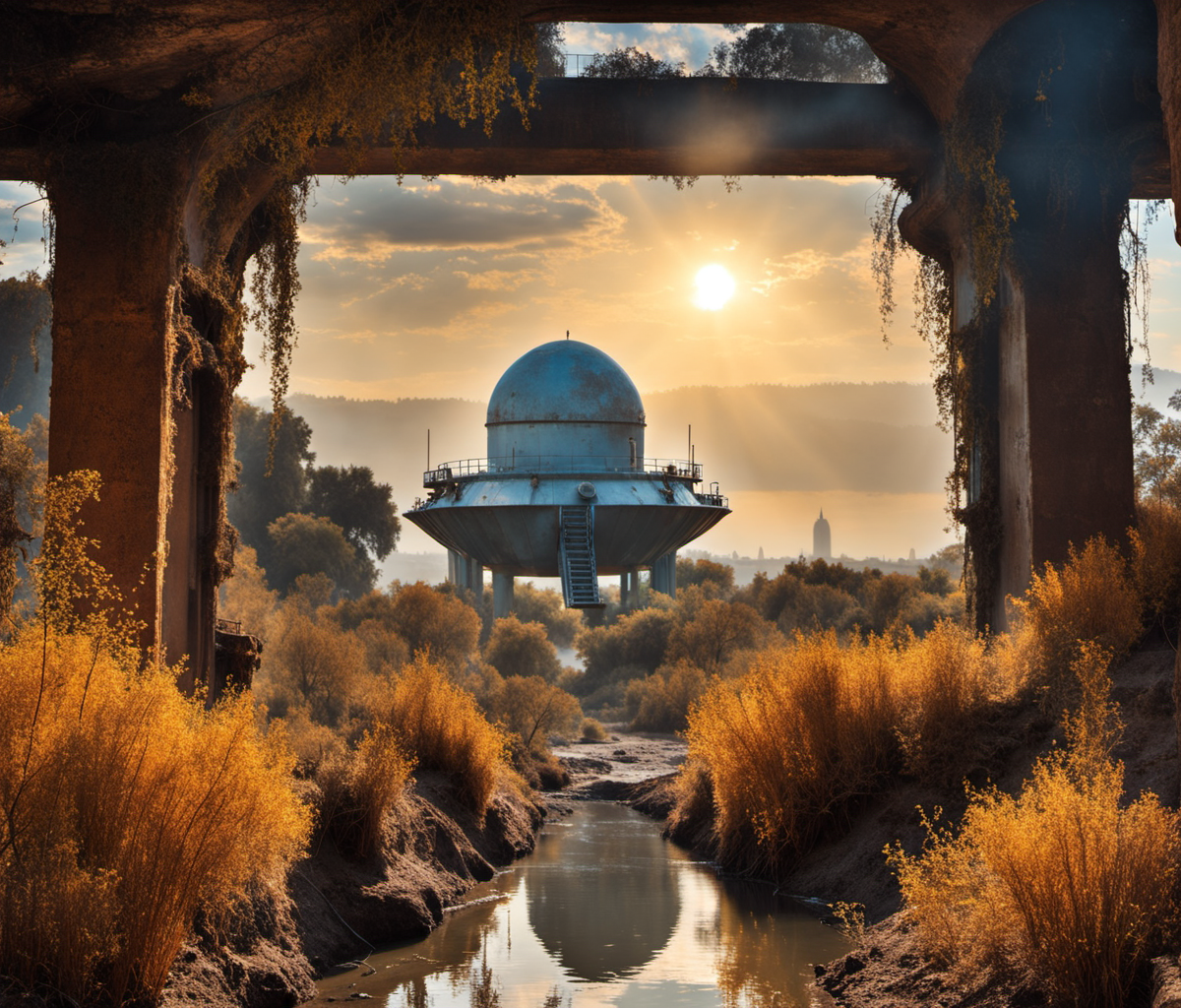cinematic film still breathtaking scifi, (1 man portrait fullbody adventurous explorer,:1.3) looking at  epic mars  desert planetary  metal fortress base, weary dusty blue spacesuit style overall, stains, BREAK  hydraulic vault gates, huge rusty corroded eroded fuel pipes leaking murky slimy fluid, dusty cables, architecture overcome with fungi, toxic water pond, overgrown blue vines, grit, old weary texture,(yellow cloudy sky:1.2), mist
 <lora:Overgrown-SDXL-b:0.7> <lora:BarnumAtelier-SDXLa:0.5> <lora:Grit-SDXL:1> <lora:Cloudify-SDXL:0.1> dim light sunset, (in background spaceship landing:1.1) . award-winning, professional, highly detailed . shallow depth of field, vignette, highly detailed, high budget Hollywood movie, bokeh, cinemascope, moody, epic, gorgeous, film grain, grainy