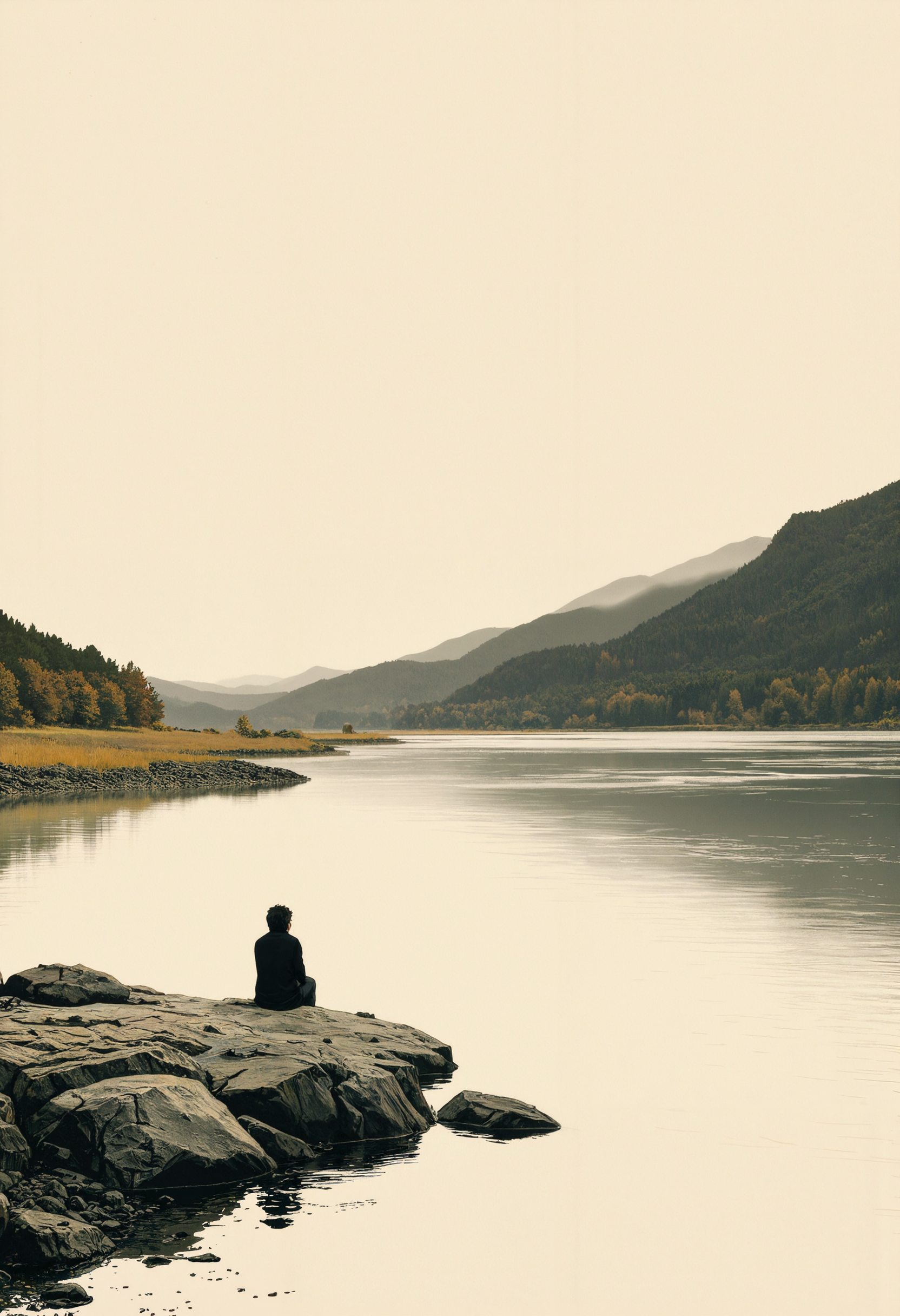 p0st_1mp4ct style, modernretroanime, Dreaming by the River , solitary figure sitting by a vast quiet river, gentle ripples in the water, mist rolling over distant hills, soft autumn tones, minimal brushstroke landscape ink-wash portrait, expressive bold ink strokes, melancholic solitary figure, vast misty landscape, desaturated soft tones, muted earth colors, atmospheric minimalism, textured aged paper, subtle stains and faded text, quiet river, distant mountains, open negative space, dreamlike and poetic mood <lora:Evangelion_Post-impact_Apocalyptic_Style_Flux.1_D_by_AutoPastel-000019:0.49> <lora:Hand v2:0.84> <lora:Dark_Gray_Photography_flux:0.17> <lora:Modern-Retro_Anime-FLUX:0.75>
