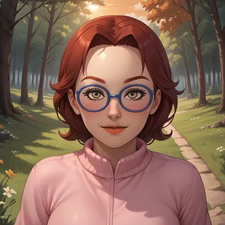 score_9, score_8, BREAK, solo, wii, mii, wii sports, 1girl, female mii, dark yellow eyes, blush, dark red hair, dark red eyebrows, lips, blue glasses, pink clothing, white pants, shoes, cute, nintendo mii, modern_mii, classic_mii, breasts, Helen_(Wii_Sports), sexy pose, self portrait, smile, outdoors, sunlight, shadows, evening lighting, natural lighting, forest, trees, grass, orange sky, sunset