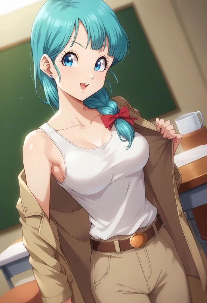 score_9,score_8_up,score_7_up,score_6_up,blurry, blurry background,bulma \(dragonball\), 1girl,bulma,bulma from dragon ball, solo, long hair, open mouth, blue eyes, ribbon, aqua hair, hair ribbon, braid, boots, belt, pants, single braid, tank top, braided ponytail, white topwear, brown pants, brown footwear, jacket removed, girl standing,table, chair, raised eyebrows, looking at viewer, medium breasts, collarbone, eyebrows, eyelashes, arms by side,cowboy shot, dutch angle