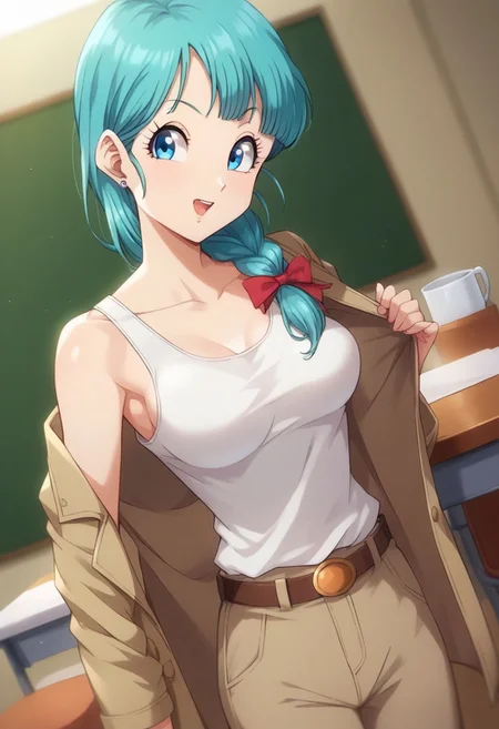 score_9,score_8_up,score_7_up,score_6_up,blurry, blurry background,bulma \(dragonball\), 1girl,bulma,bulma from dragon ball, solo, long hair, open mouth, blue eyes, ribbon, aqua hair, hair ribbon, braid, boots, belt, pants, single braid, tank top, braided ponytail, white topwear, brown pants, brown footwear, jacket removed, girl standing,table, chair, raised eyebrows, looking at viewer, medium breasts, collarbone, eyebrows, eyelashes, arms by side,cowboy shot, dutch angle