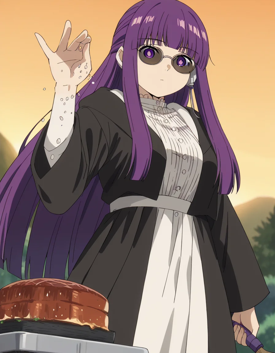 score_9, score_8_up, score_7_up, source_anime, <lora:fern-s1-v2-ponyxl-lora-nochekaiser:1>, fern, long hair, bangs, purple eyes, purple hair, sidelocks, blunt bangs, bright pupils, half updo, large breasts, anime screencap, long sleeves, dress, white dress, long dress, robe, black robe,, suburban neighborhood, morning jog, earphones, running shoes, fresh air, sunrise, , <lora:salt-bae-ponyxl-lora-nochekaiser:1> salt bae, salt bae (meme), salt, springkling, meme, cooking, steak, sunglasses, mean, grilling, grill, frying pan, food, hand up,, looking at viewer, solo,, dutch angle, cowboy shot