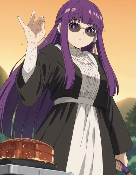 score_9, score_8_up, score_7_up, source_anime, <lora:fern-s1-v2-ponyxl-lora-nochekaiser:1>, fern, long hair, bangs, purple eyes, purple hair, sidelocks, blunt bangs, bright pupils, half updo, large breasts, anime screencap, long sleeves, dress, white dress, long dress, robe, black robe,, suburban neighborhood, morning jog, earphones, running shoes, fresh air, sunrise, , <lora:salt-bae-ponyxl-lora-nochekaiser:1> salt bae, salt bae (meme), salt, springkling, meme, cooking, steak, sunglasses, mean, grilling, grill, frying pan, food, hand up,, looking at viewer, solo,, dutch angle, cowboy shot