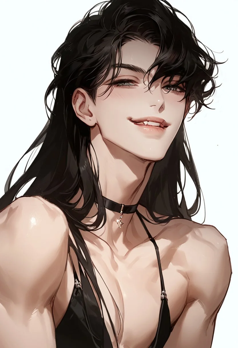 (score_9, score_8_up:1.1), score_7_up, MisngLuv, manhwa, boyslove,male focus, handsome male, simple white background, androgynous,  elegant, skimpy, biting lips, seductive, lewd,  black hair, long hair, unique angle,