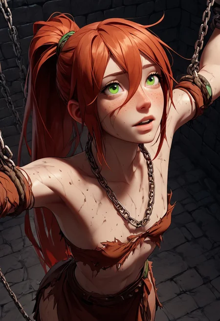 1woman, Masterpiece, 8k, ultra high detail, score_9, score_8_up, score_8, 21yo, small breast size, long red ponytail hair, fcNeg, stunning green eyes, freckles, white skin, small nose, innocent beauty, slim face, skinny body, perfect body, supermodel, extreme detail, insane detail, extremely detailed face,
Dirty skin, ready to fight, never giving up,
Native Tribal clothes, Waterworld_clothes with long skirt_ripped_side, hands tied on back, chains hanging from above,
Captured in a dungeon cage, dark dungeon, dark room, less light, only one candle,
negative_hand, NightScapes,