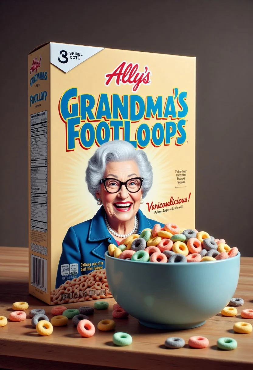 A parody vintage cereal box labeled "Ally's GRANDMA’S FOOTLOOPS" with bold, playful blue letters on a beige background, placed upright on a wooden table. The box features a retro-style illustration of a smiling elderly woman wearing glasses and pearls. The tagline “Varicoselicious!” is printed on the front of the box in bold red letters as a slogan. Beside the box is a light blue bowl filled with colorful foot-shaped cereal loops, with a few spilled onto the table. The image has a warm, nostalgic tone with a humorous, absurd parody style.