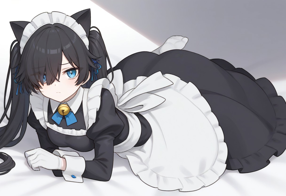 (Maid-kasli), solo, white gloves, dress, hair over one eye, maid apron, blue eyes, twintails, cat ears, maid headdress, maid, gloves, 1girl, apron, juliet sleeves, long sleeves, long hair, black hair, animal ears, bell,(Fall down),